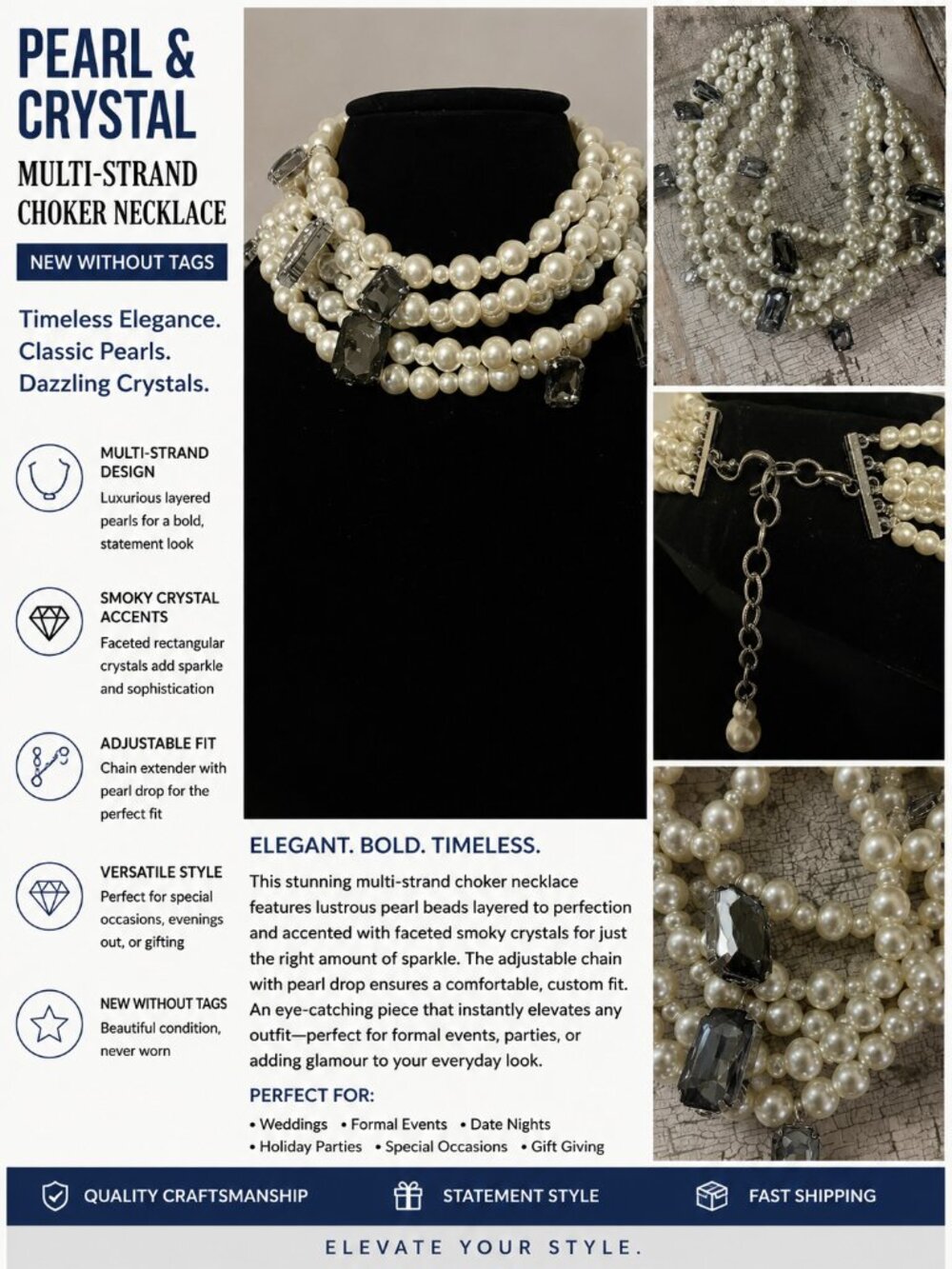 Faux Pearl Multi Strand Statement Necklace Smoky Crystal Choker NWOT